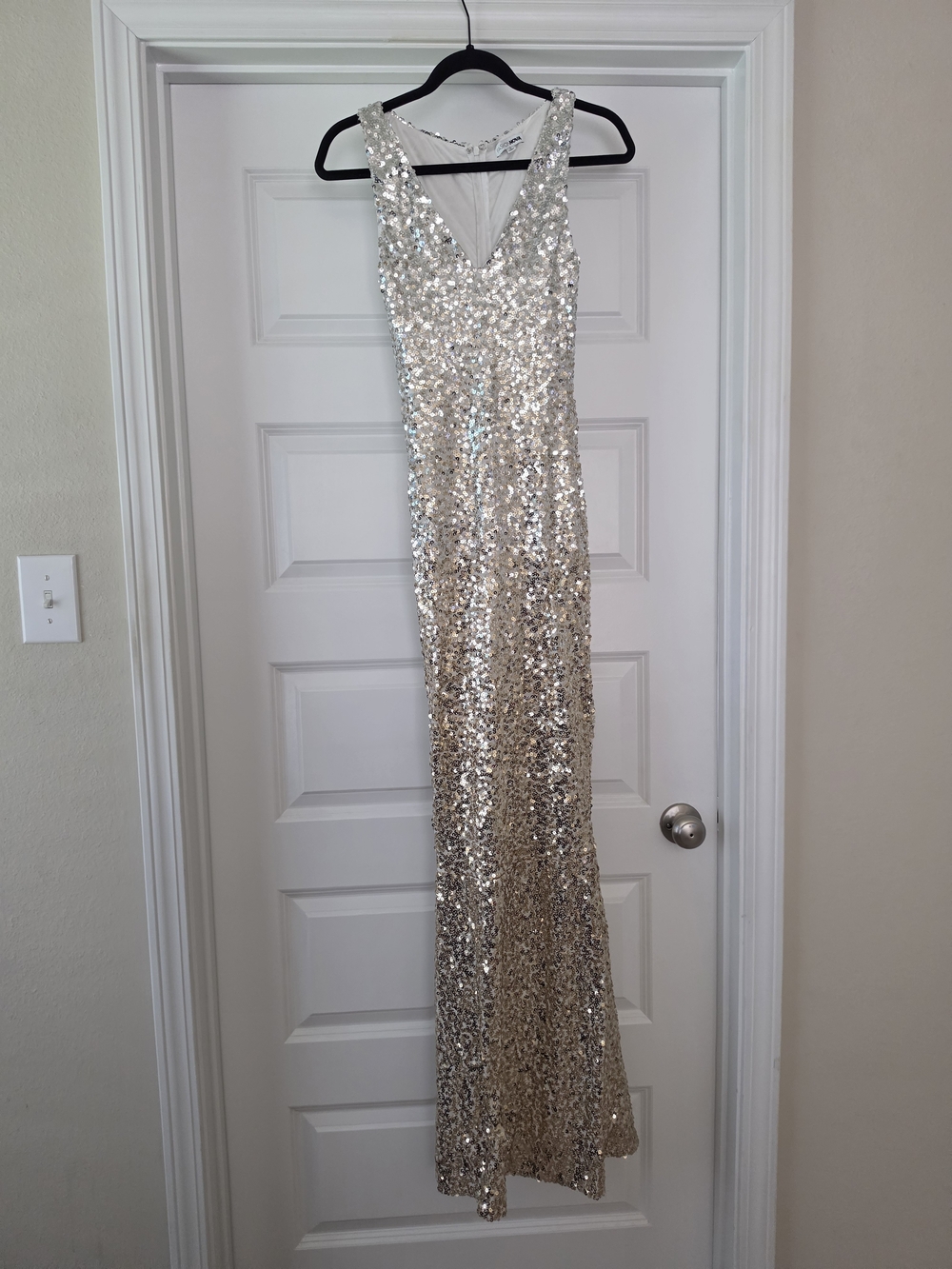 Silver Sequin V-Neck Evening Gown